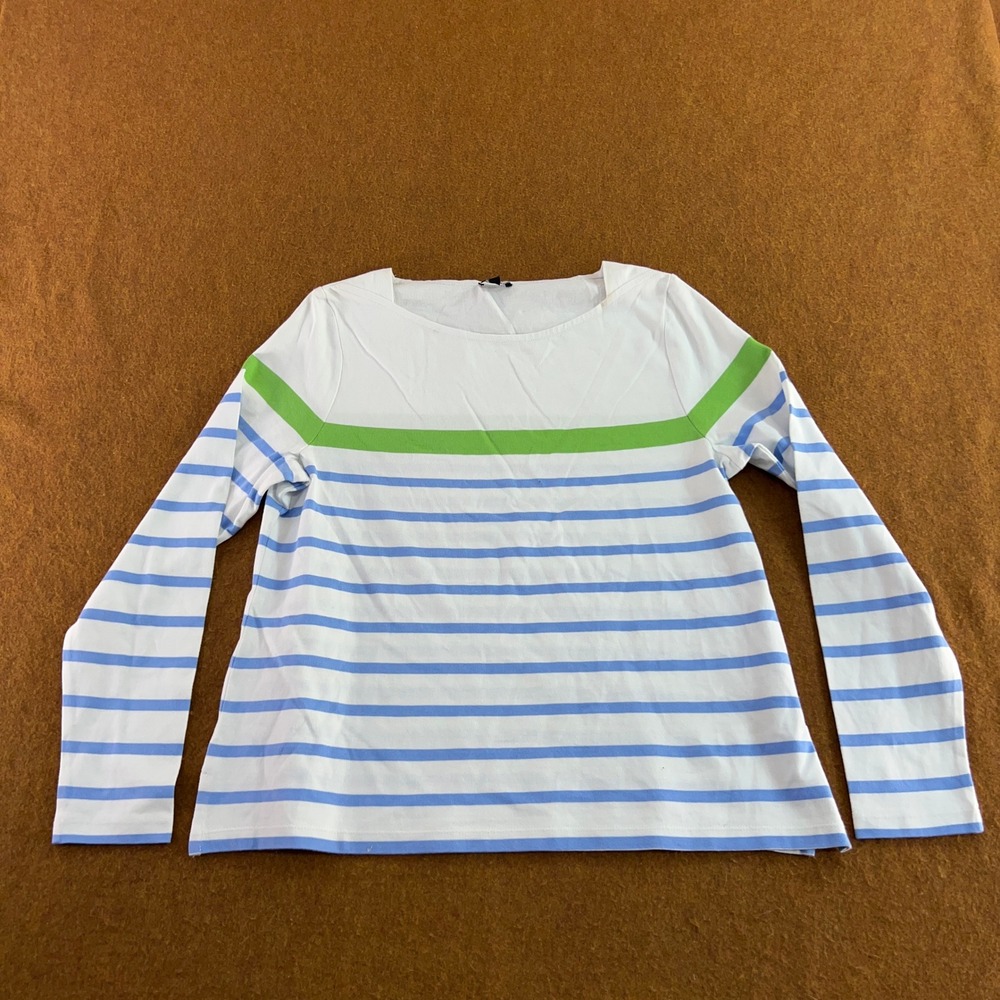 Talbots Womens L White Blue Green Striped Boat Neck Cotton Long Sleeve Top New